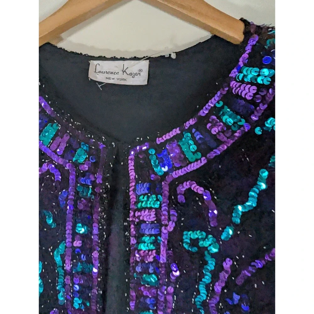 Laurence Kazar Vintage Sequin Beaded Jacket Purple Teal Black Open‎ Front Blazer